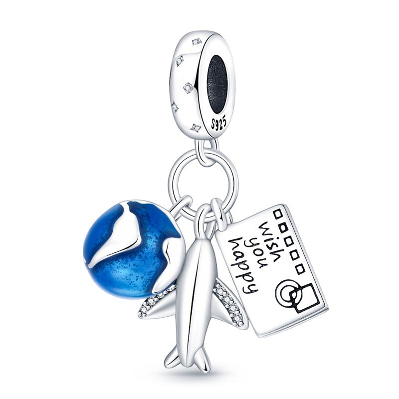 S925 Silver Airplane Travel Case Global Travel Series Charms Beads Fit Pan Bracelets DIY Fine Souvenir Jewelry