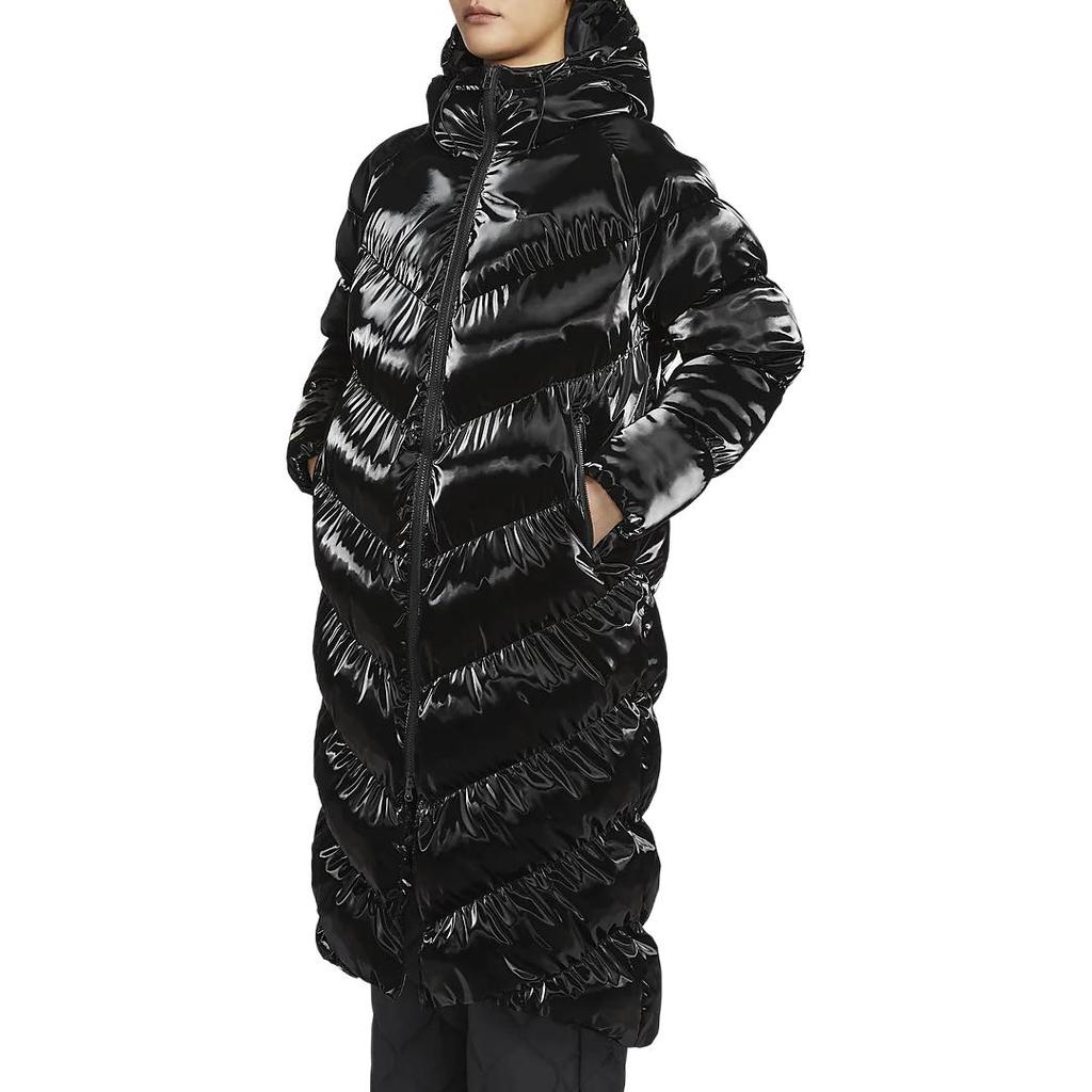 Nike Спортивная одежда Therma-FIT Свободная блестящая теплая хлопковая куртка на молнии с капюшоном Женские куртки черного цвета FV7828-010