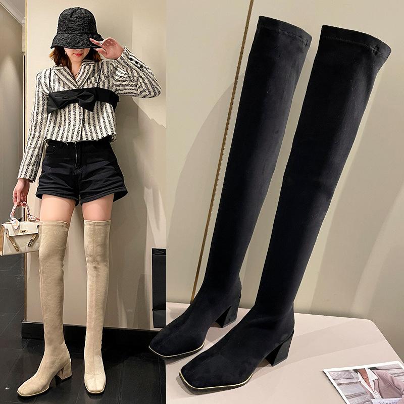 Boots Women's Coarse Heel 2026 Autumn and Winter New Medium and High Heel Boots Fleece Boots Skinny Over-the-Knee Boots Single Boots Women