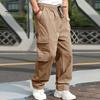 Men Cargo Pants Multi Pockets Drawstring Elastic Waist Solid Color Loose Wide Leg Straight Soft Streetwear Full Length Men Long
