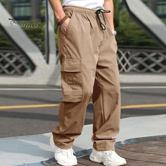 Men Cargo Pants Multi Pockets Drawstring Elastic Waist Solid Color Loose Wide Leg Straight Soft Streetwear Full Length Men Long