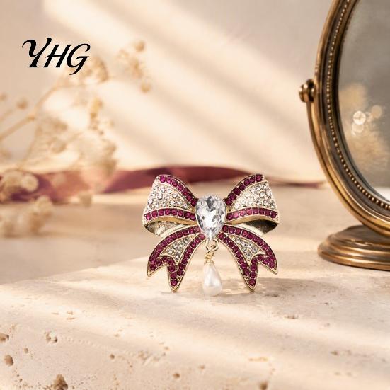 Women Bow Brooch Retro Rhinestone Brooch, Bowknot Pin with Waterdrop Faux Pearl, Pearl Jewelry Accessories for Wedding Party Daily Wear Vintage Style