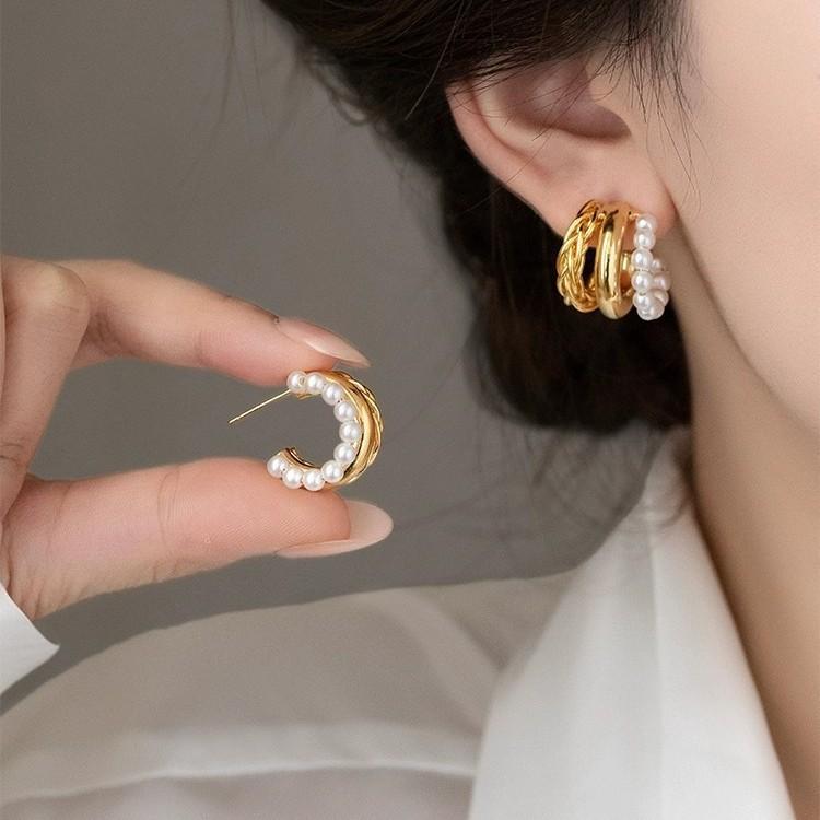 Серьги-кольца из металла для тяжелой промышленности, С-образные, Простые и стильные, Трехслойные полукруглые серьги-гвоздики, Преувеличенные серьги-гвоздики