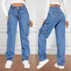 Tide Retro Mid Waist Multi-Pocket Workwear Jeans Women's Casual Straight Legs Pant