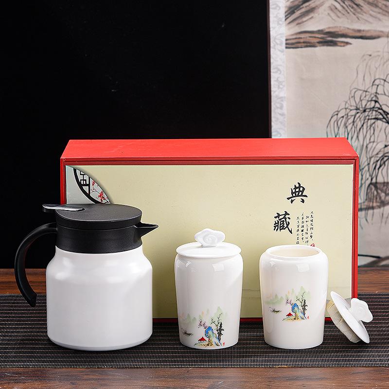 High-grade stewed teapot suet jade teacup cover, household light luxury business gifts can be printed, and the whole set of stewed teapots is
