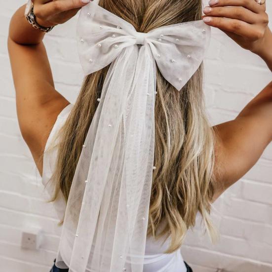 Заколка для волос невесты с бантом, фата из искусственного жемчуга, свадебный головной убор из белого тюля, свадебный аксессуар для волос на медовый месяц