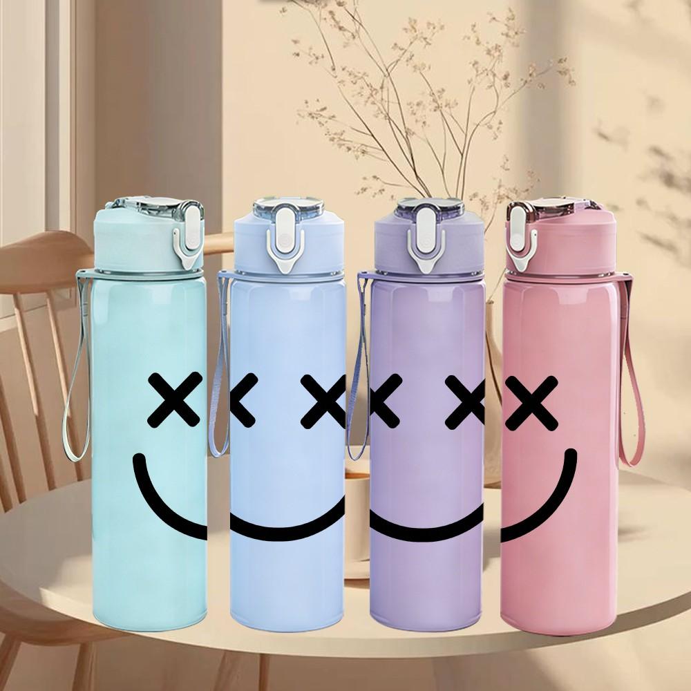 1PC Cross Eye Smiley Face 750ml Color Plastic Sports Water Bottle Leakproof Flip Straw Lid Suitable for Sports Office Home Use