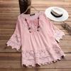 Women Lace Embroidery Flower Loose Plus Size Half Sleeve Shirt