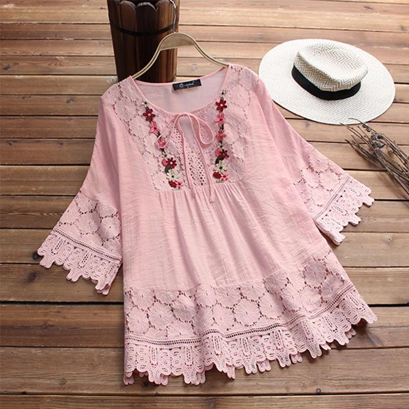 Women Lace Embroidery Flower Loose Plus Size Half Sleeve Shirt