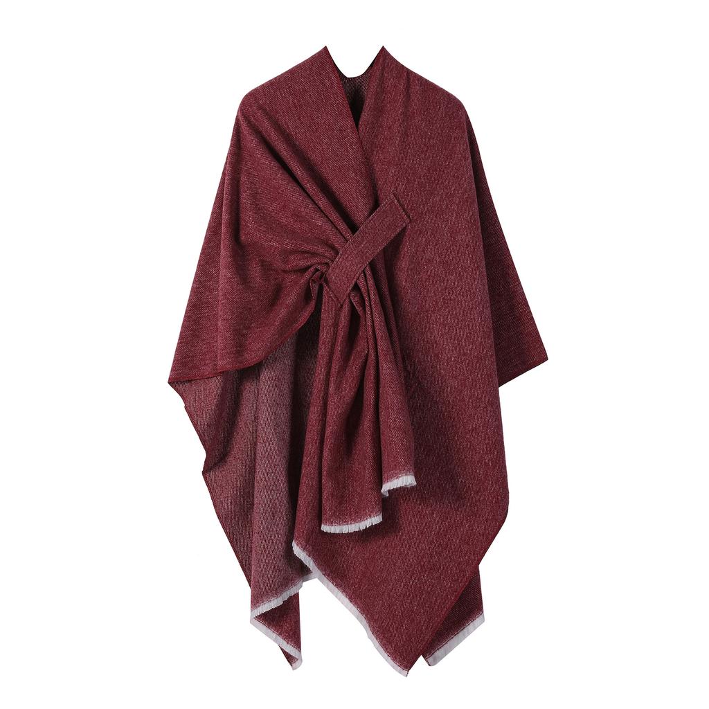 European and American Style Women's Fashion Shawl Knitted Solid Color Pashmina Split Tie Cape Autumn and Winter Warm Scarf
