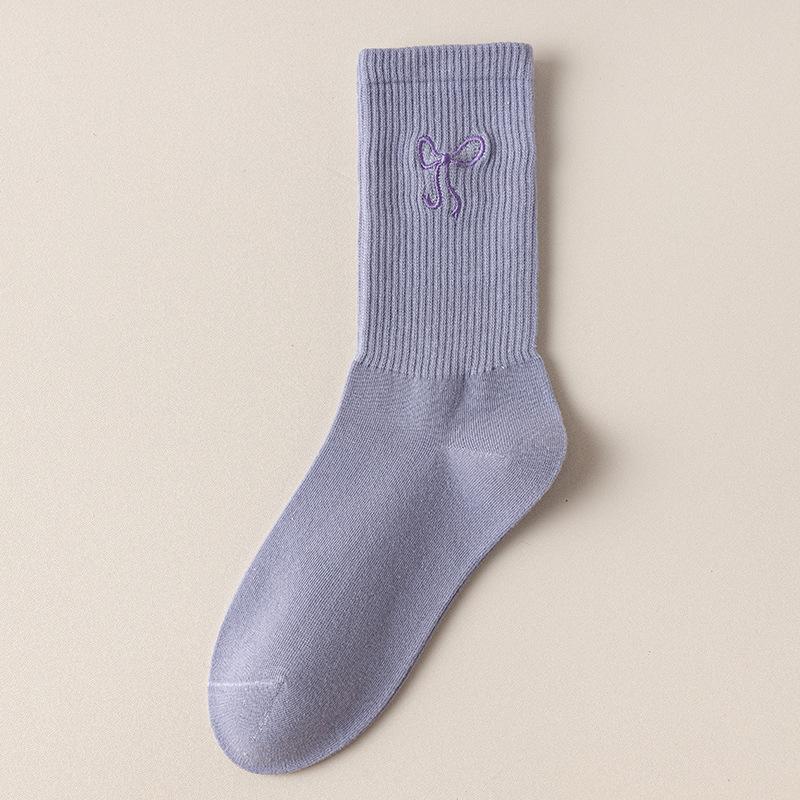Однотонные универсальные носки до середины икры, простые длинные носки для осени и зимы, милые хлопковые носки с бантом, женские носки для весны и осени
