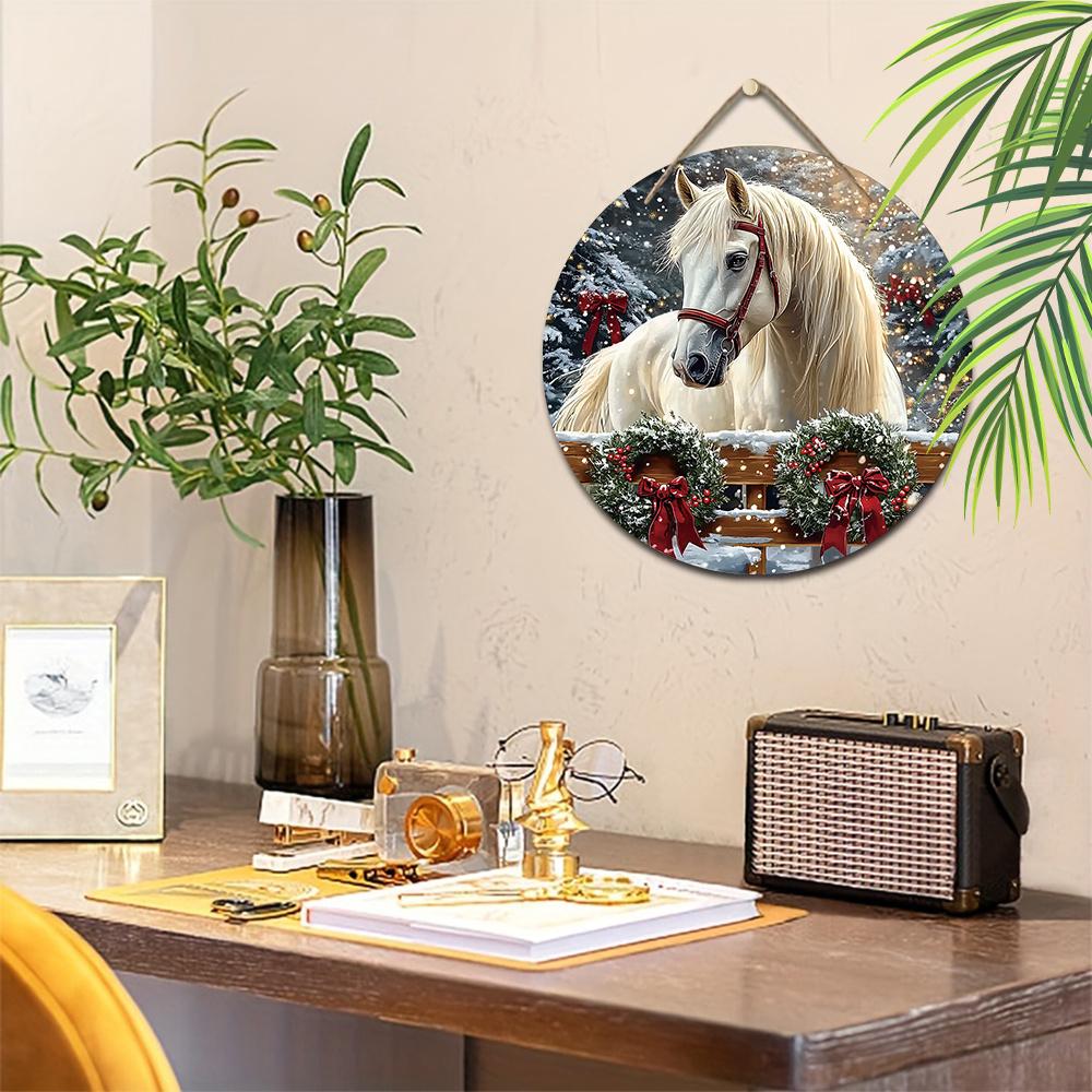 Теплая зимняя деревянная рождественская табличка с узором белой лошади, круглая рождественская табличка для декора на входную дверь или стену, идеальный рождественский подарок