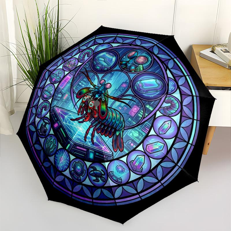 Cybernetic Mantis Glass pattern umbrella, portable and foldable design, 8 ribs, a casual accessory for Halloween, Christmas, and birthday gifts.