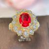 CMM Adjustable Oval Cut Red Cubic Zirconia Luxury Two Tones Plating Bridal Big Flower Rings for Women Classic Engagement Party Jewelry