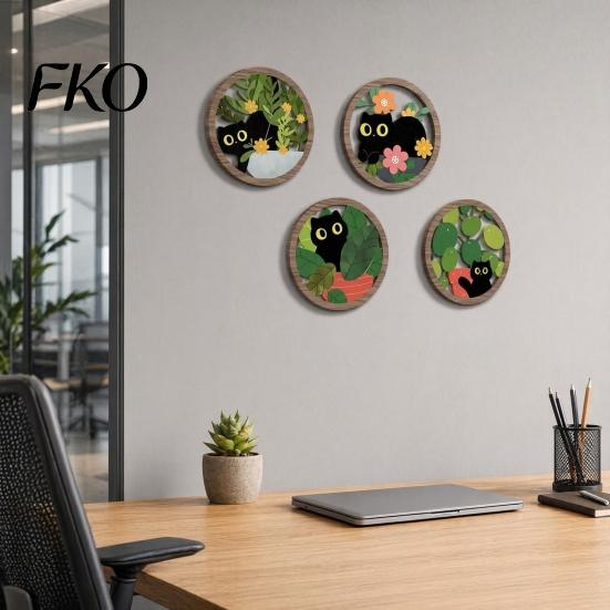 Retro Black Cat Wall Piece 4PCS Sign, with Warm Grain Texture Wood Art, Scratch-Resistant Rounded Corner Wooden Art Home Decor, Nordic Style
