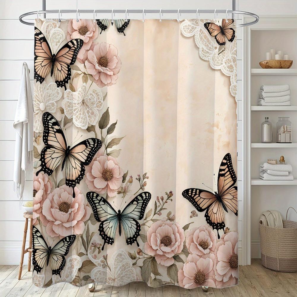 Modern Floral Printed Pink Butterfly Shower Curtain Bathroom Partition Curtain Spring
