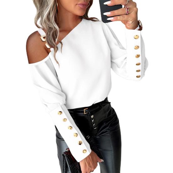 Твердый большой размер, один цвет, рубашка с цепочкой на плечах, декор с длинными рукавами и пуговицами, пуловер с наклонным вырезом, мягкий