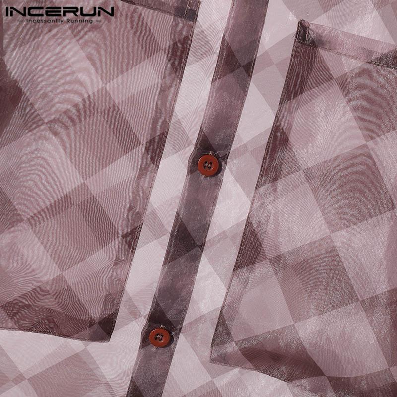 INCERUN Мужские рубашки с длинным рукавом в клетку с лацканами, прозрачные топы для вечеринок