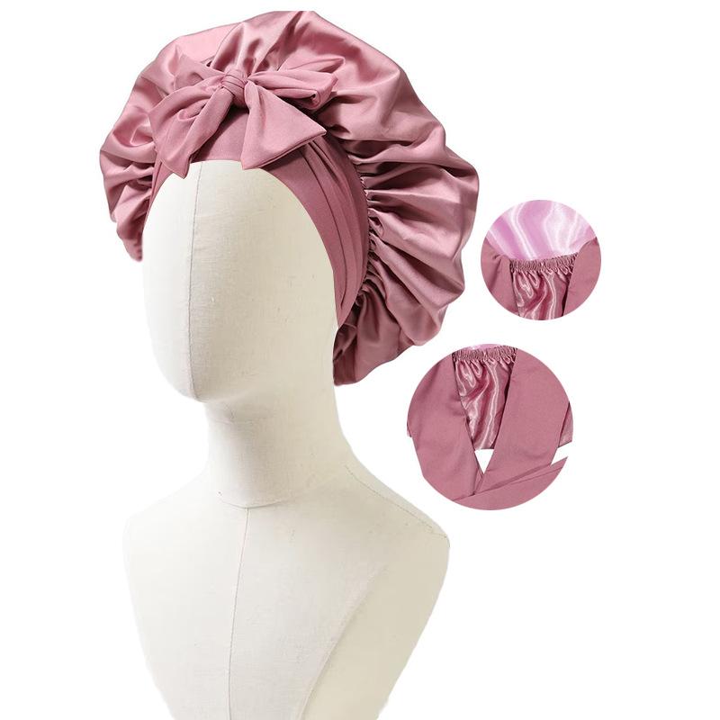 Satin Nightcap with Ribbon Bowknot, Double-Sided Silk Hair Cap, Leopard Print