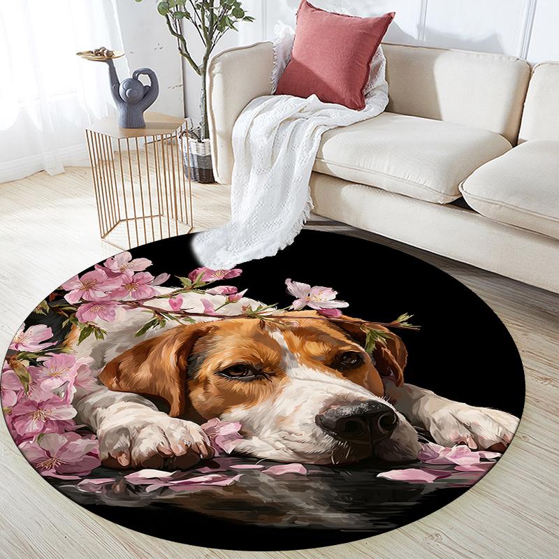 Beagle and flowers pattern round rug,Carpet Rug for Living Room Bedroom  Playroom ,Non-slip Floor Mat,Holiday Gifts and Birthday Gifts.