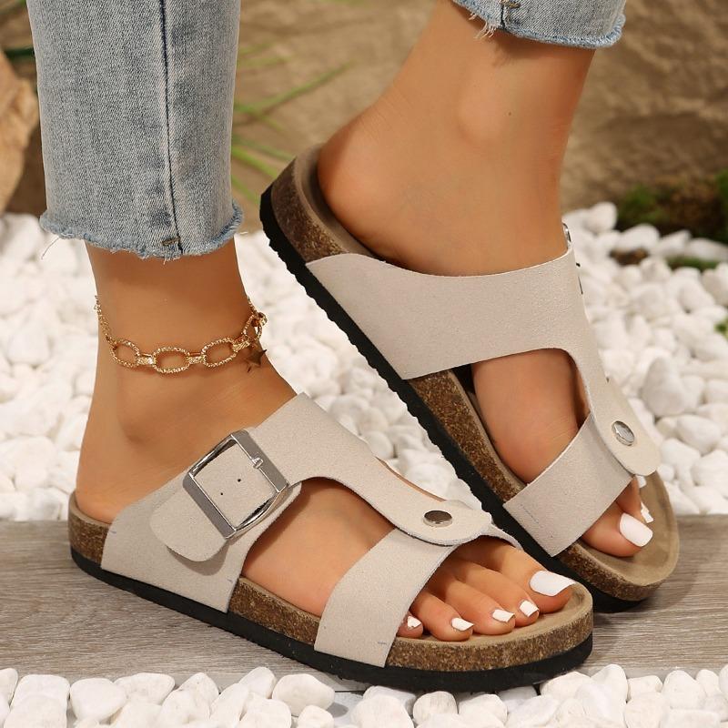 2024 Summer Hot Selling High Quality Women's Shoes Fashionable Open Toe Solid Color Low Heel Buckle Roman Women's Flat Slippers