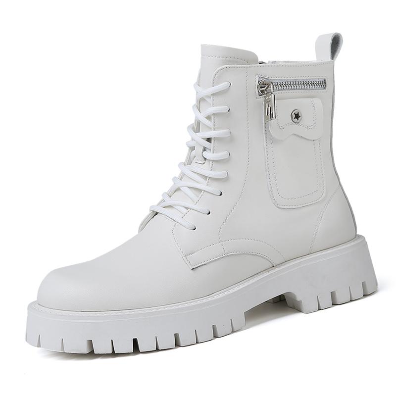 Мода Мужская Модная Мужская Обувь До Щиколотки Английский Стиль На Толстой Подошве На Шнуровке Ботинки Круглый Носок Кожаная Обувь Средний Каблук Белый Мотоциклетный