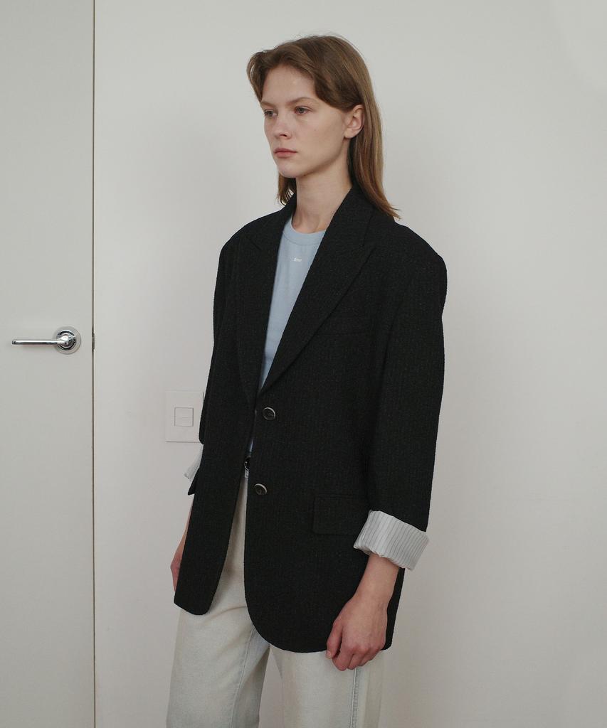 En Or Stripe Tweed Single Jacket - Black