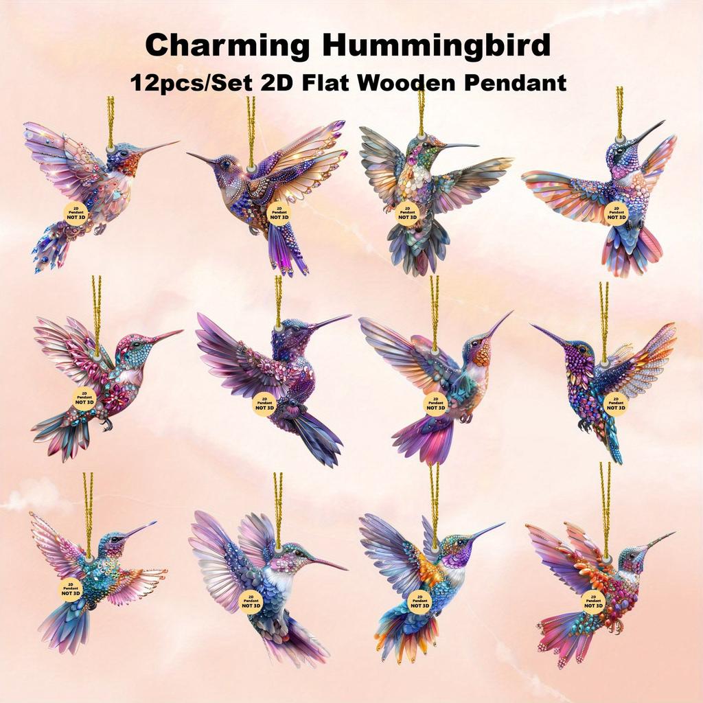 12 Pieces/set, Bright, Wooden, Hummingbird Pendant, 2D Flat, Fashionable Bird Decoration, Multiple Colors, Office Decoration