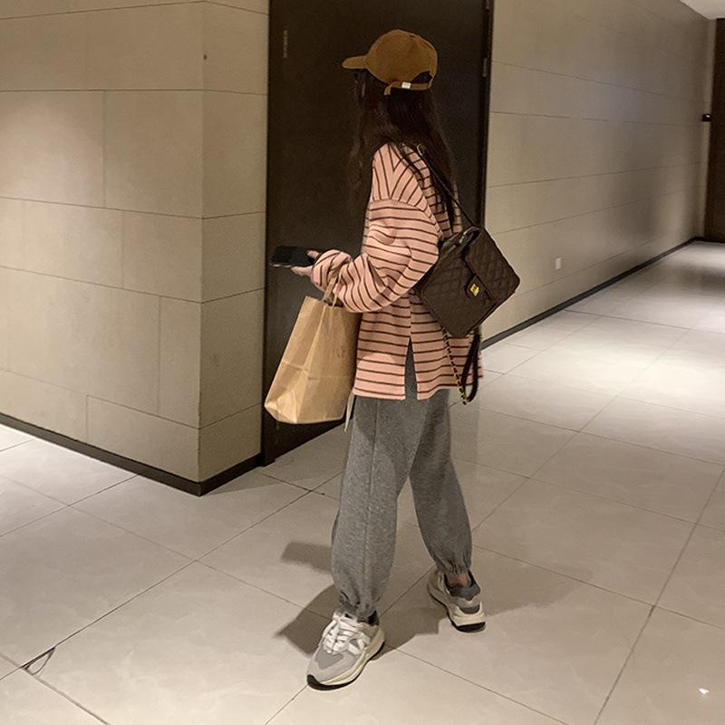 Pink Striped Long-sleeved T-shirt for Women Loose Inner Wear Autumn New Thin Round Neck Sweatshirt for Female Students