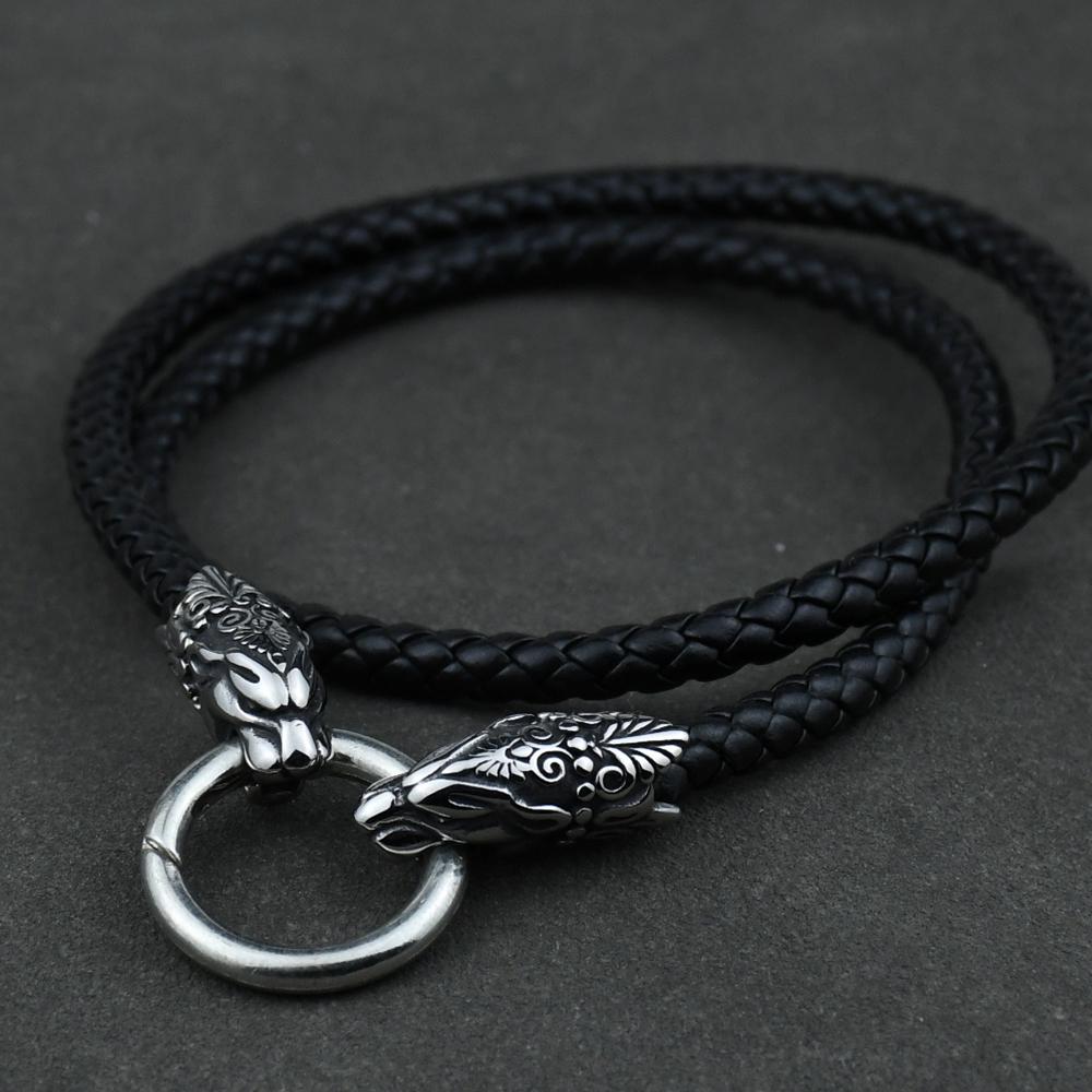 Men stainless steel Wolf head Norse Viking amulet Thor hammer pendant necklace with leather chain