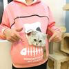 Women Spring Hoodie with Cat Nest Cartoon Print Big Zipper Pocket Hooded Long Sleeves Keep Warm Pullover Elastic Cuff Lady Hoodi