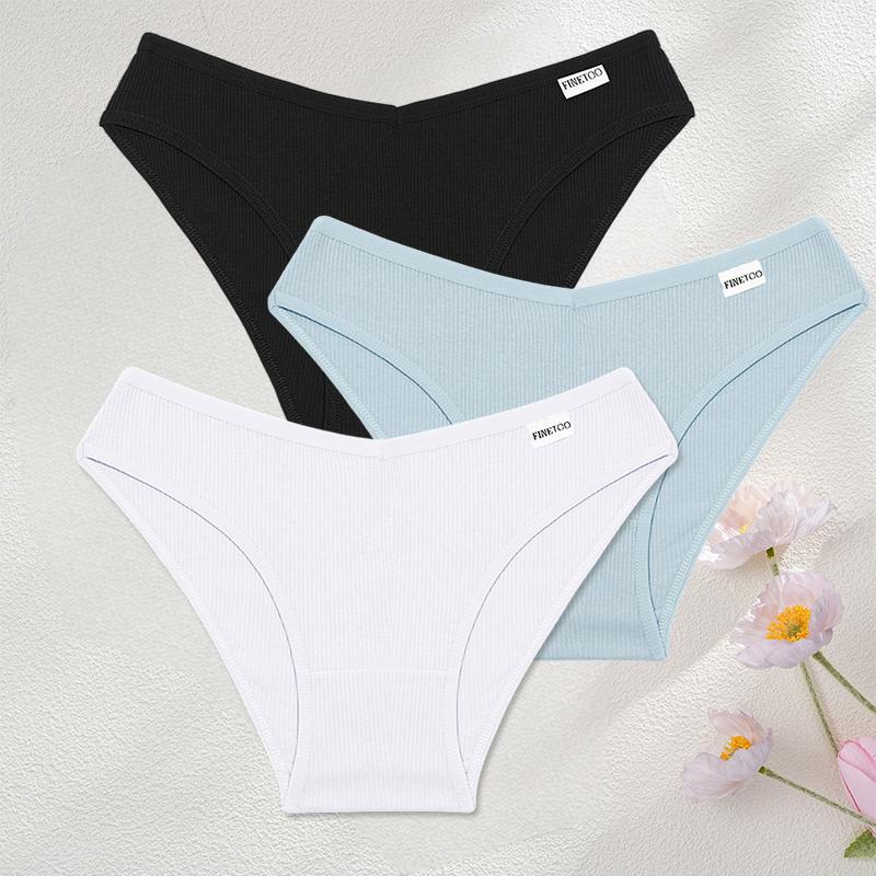 FINETOO 3Pcs/Set Sexy Low Waist Cotton Panties M-3XL Ribbed Breathable Briefs Underwear for Women Gym Fitness Casual Lingerie