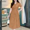 Women Summer Turn Down Collar Solid Color Casual Short Sleeve Dress