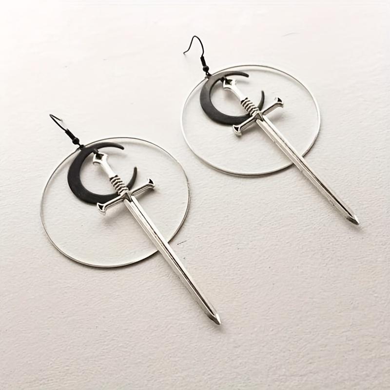 Черная Луна, серебристый меч, полый круг, дизайн, висячие серьги в готическом стиле, креативный подарок для женщин и девочек, повседневные