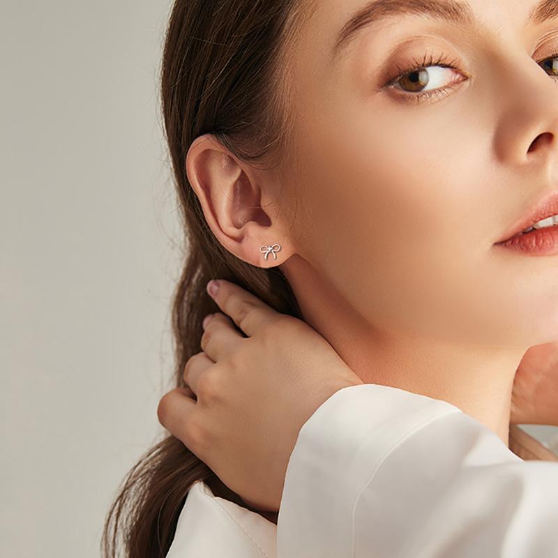 Minimalist Bow Stud Earrings for Women, Elegant Luxe Zircon Ear Jewelry, Versatile Fall Winter Dainty Earrings