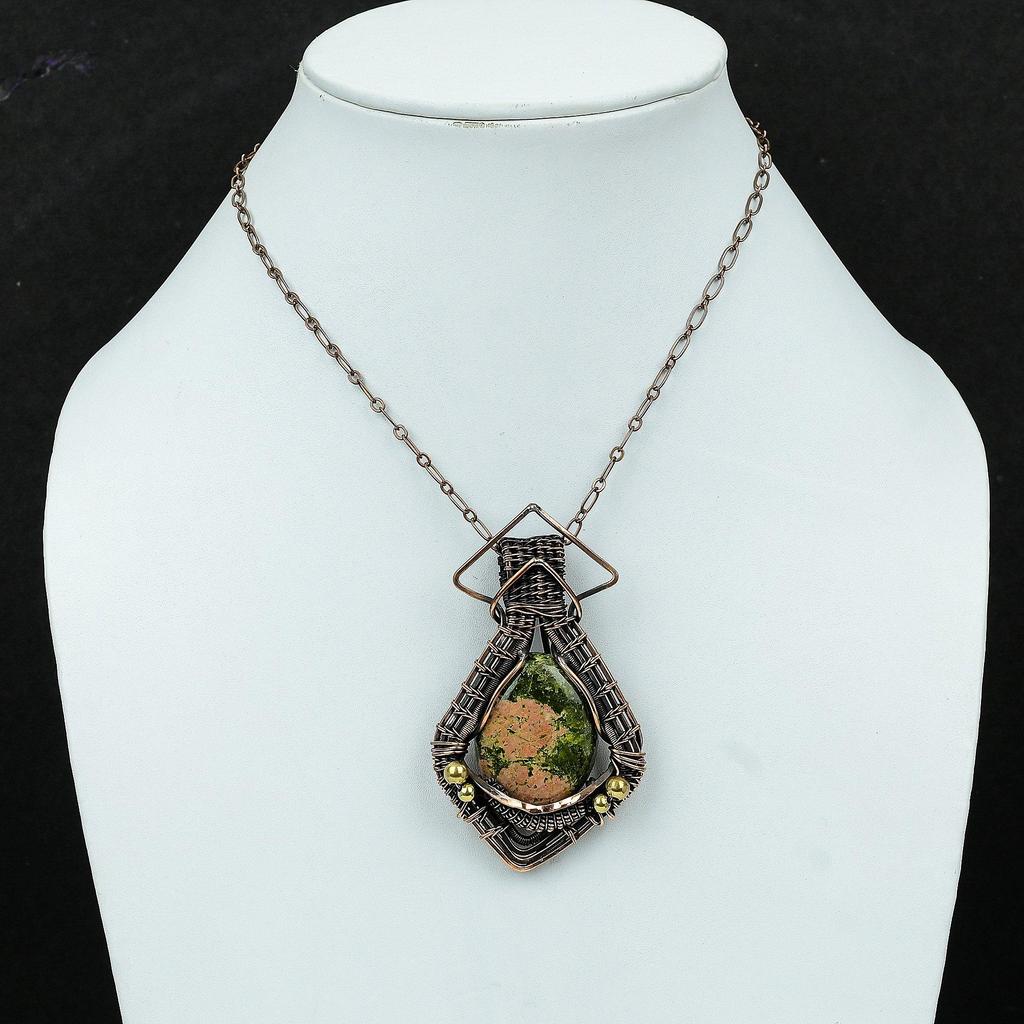 Унакитовый кулон, ювелирные изделия из медной проволоки, оригинальный кулон с драгоценным камнем, этнические украшения, кулон ручной работы, медный кулон для подарка