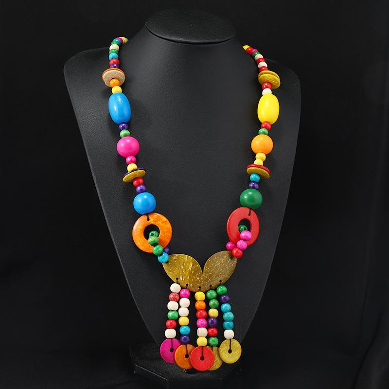 Богемное цветное кокосовое ожерелье, праздничный стиль, длинная деревянная ручная работа, цепочка для свитера, женские аксессуары