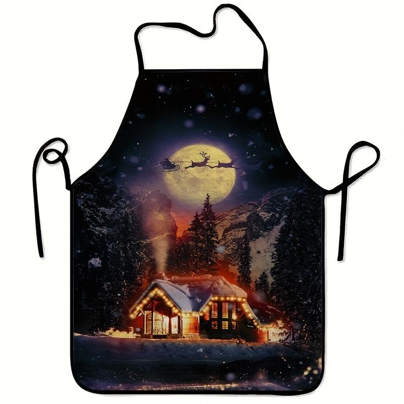 A Christmas Cottage Night Scene Apron Featuring Snowy Cottages, Wooden Houses, And Winter Forest Patterns, Complete with Reindeer Sleighs And a Twinkl