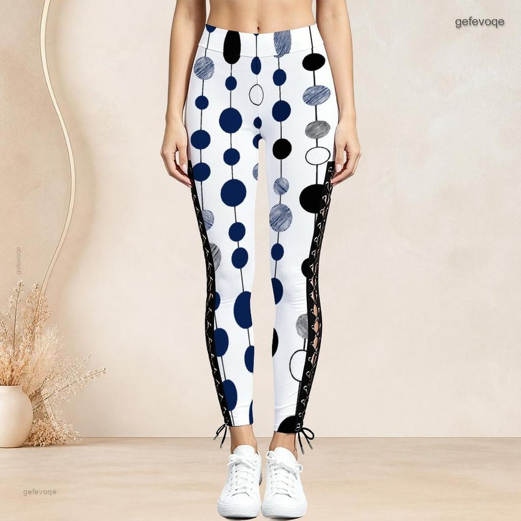 Women Plus Size High Waist Polka Dot Printed Side Eyelet Lace Up Full Length Leggings