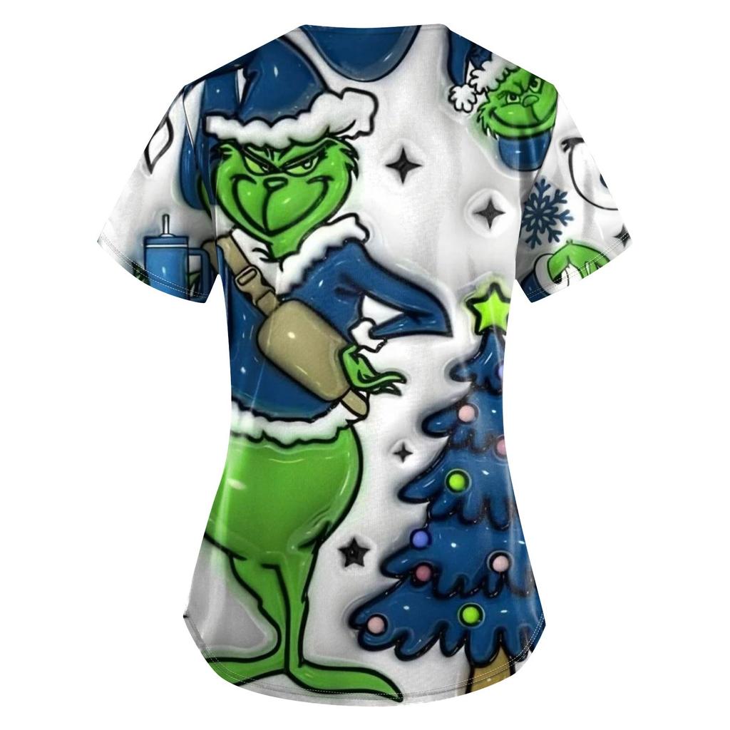 Women's Fashion Printed Short Sleeve V Neck Pattern Tops Pocket Working T-shirts