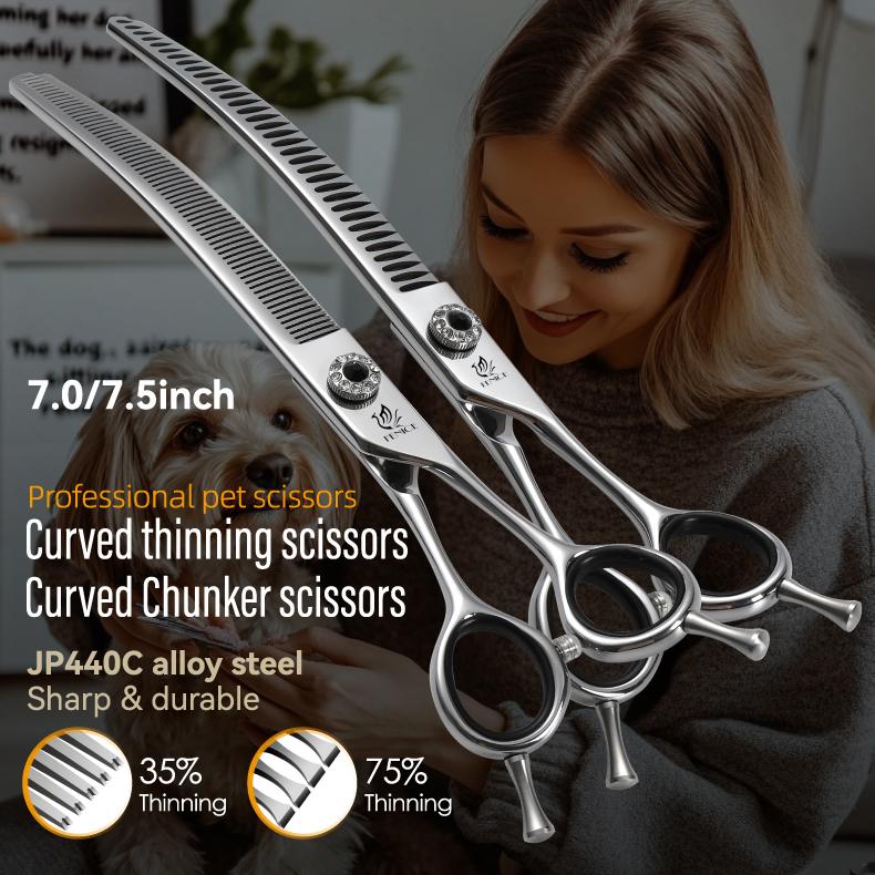 Fenice CIQ Professional 7.0/7.5 Inch JP440C Dog Grooming Scissors Curved Chunker /Thinning Scissors for Dogs Cats and Other Pets