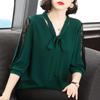 Women's Summer Three-quarter Sleeve Top Chiffon Shirt Solid Color Hollow Bow Lace Stitching Sleeves Blouse for Women