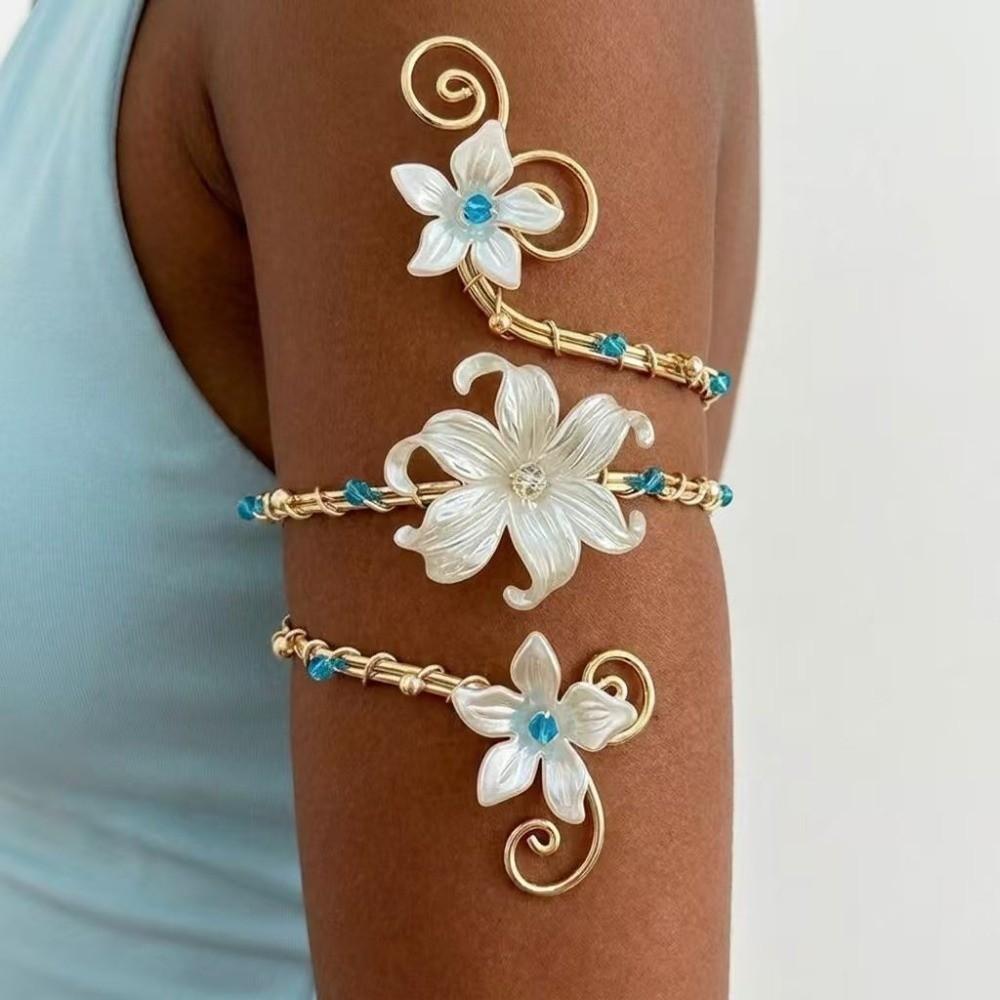 Gold Color Metal Floral Open Cuff Armlet Enamel Glaze Craft Spiral Arm Bracelet Vacation Style