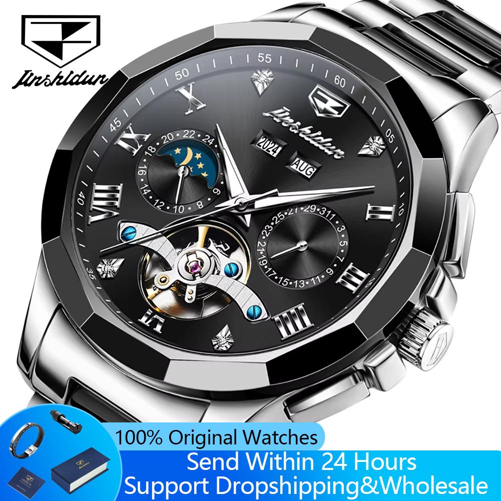 JINSHIDUN 8949 Watches For Men Hollow Flywheel Moon Phase Automatic Mechanical Wristwatch Calendar Waterproof Luminous Man Watch