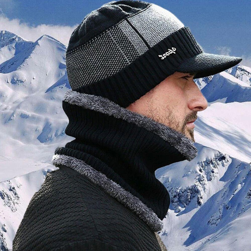 Plush Warm Solid Color Fashion Design Women Face Cap Korean Style Hat With Scarf Men Knitted Beanie