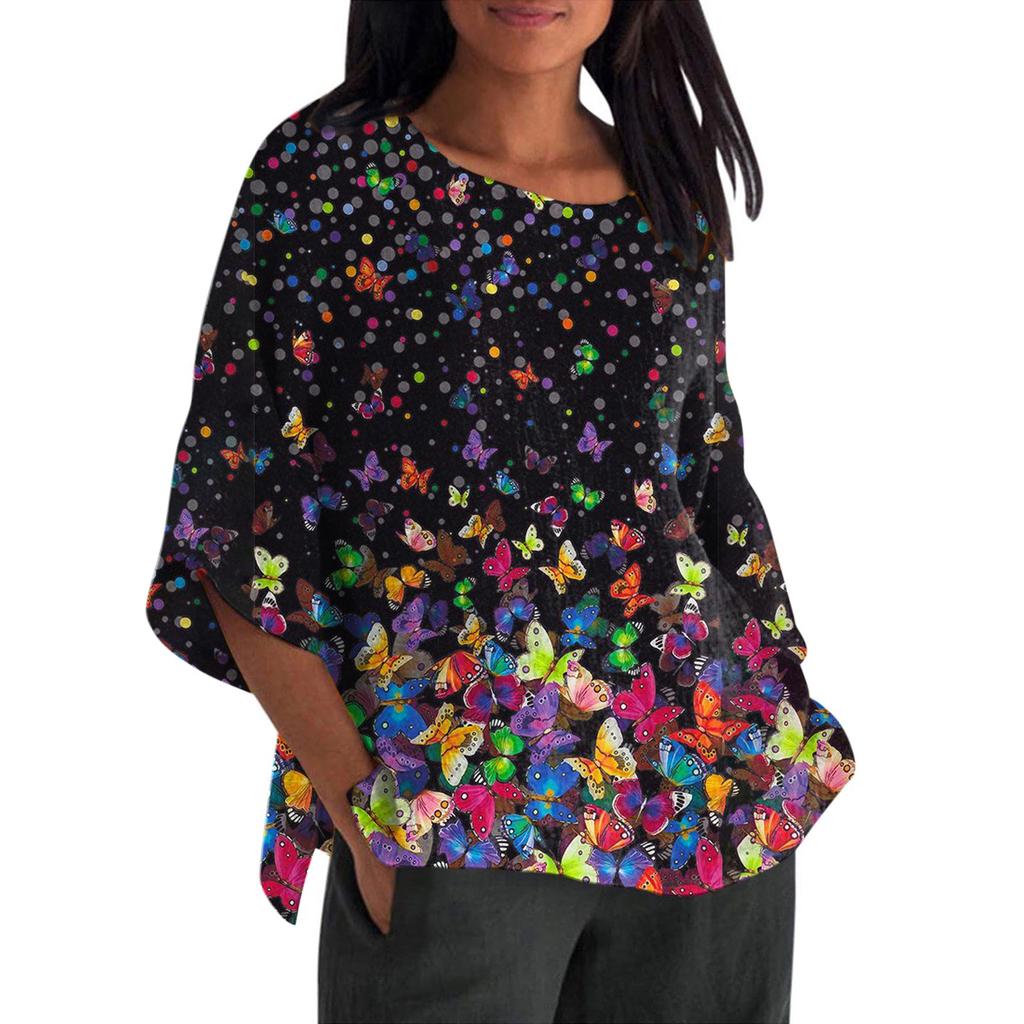 Women Summer Cotton Linen Tshirt Tops Printing Loose Fit Blouse 3/4 Sleeve Vintage Crewneck Plus Size Clothes
