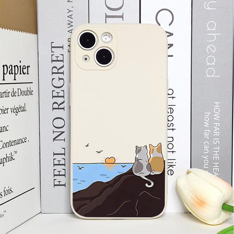 Cute Cartoon Cat Dog Couple Phone Case For iPhone 16 15 14 13 12 11 Pro Max Mini X XS SE 7 8 Plus 16E Shockproof Non-Slip Cover