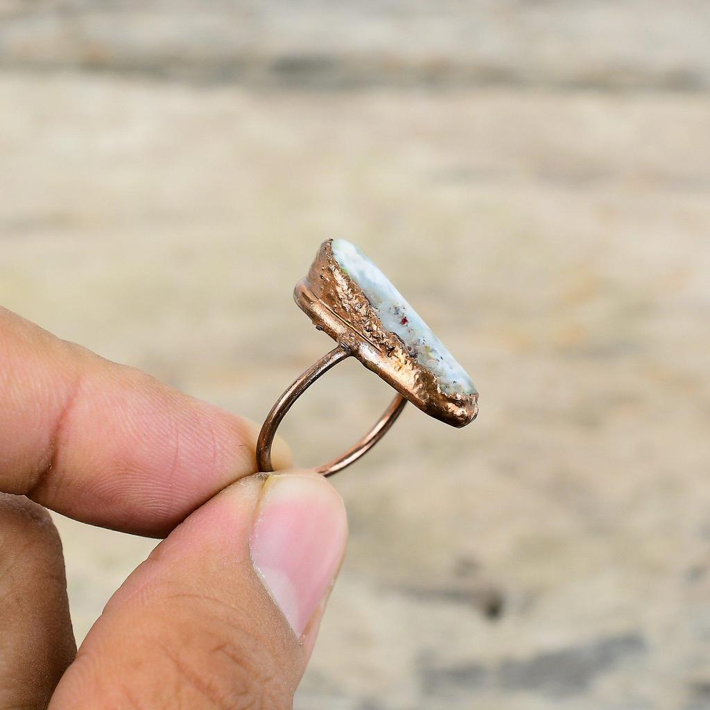 Грубое кольцо Ларимар, медное кольцо, изготовленное методом гальванопластики, регулируемые кольца ручной работы, медные украшения, кольцо с настоящим драгоценным камнем, ювелирные изделия, изготовленные методом гальванопластики, свадебный подарок