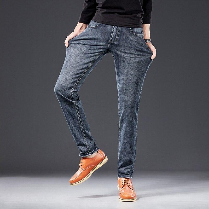 Мужские классические деловые прямые джинсы 2020, осень-зима, новые повседневные эластичные джинсовые брюки, мужские брендовые брюки, черные, синие, серые