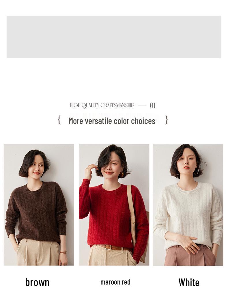 Women's 2024 Cashmere Cable Knit Crew Neck Sweater, Versatile Twisted Base Layer for Autumn/Winter